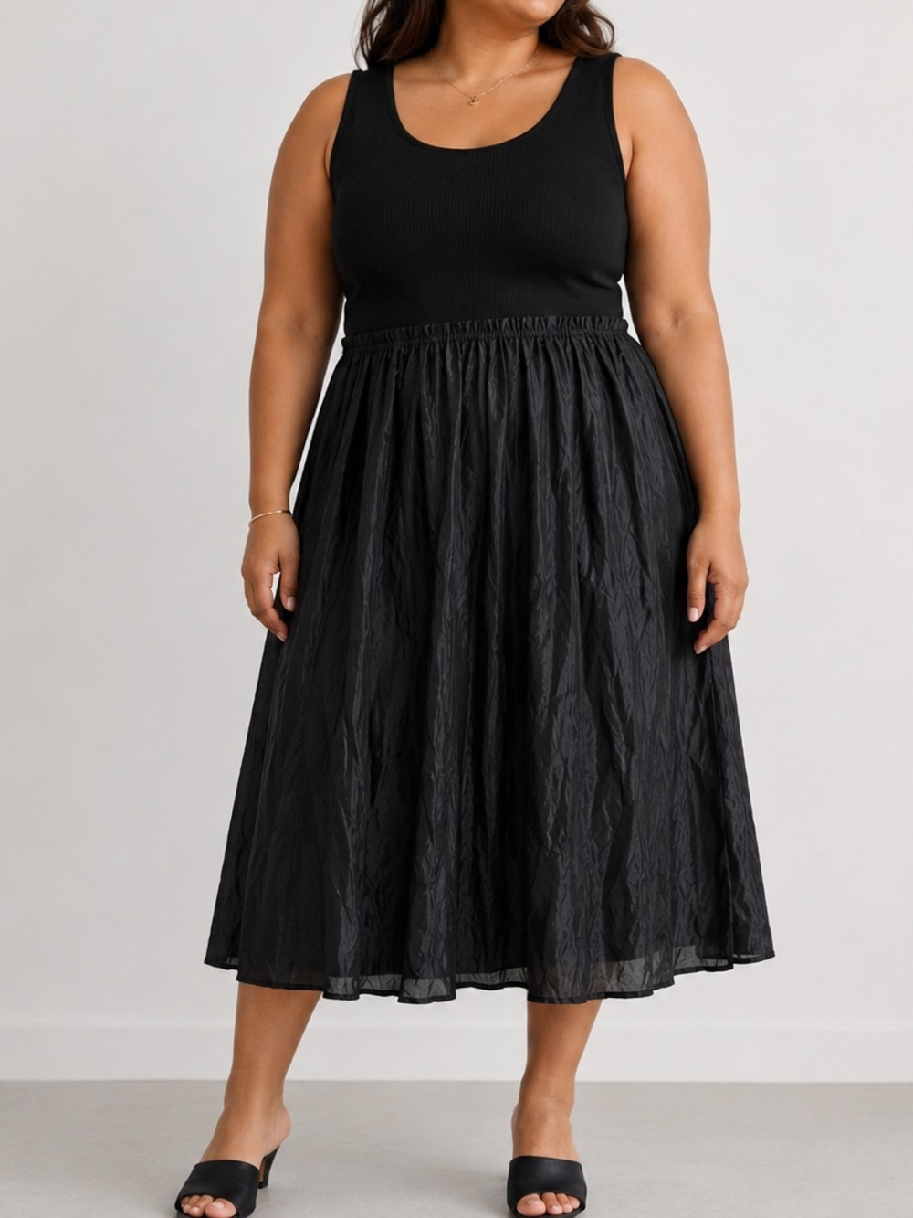 J.Crew Black Gathered Waist Ribbed Knit Crinkly Tencel Midi Dress